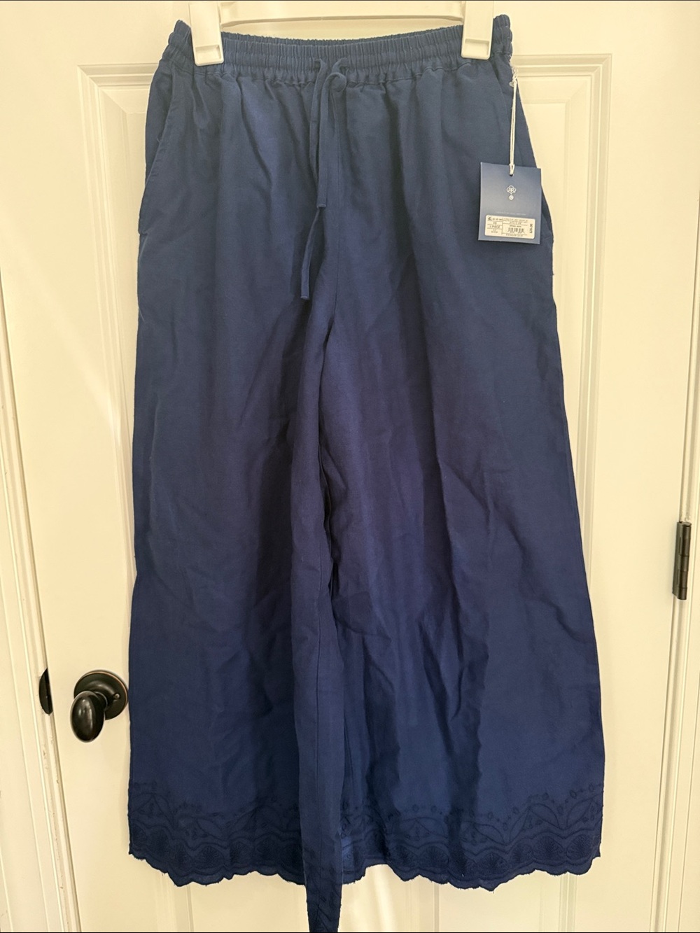 Roller Rabbit Navy Wide-Leg Drawstring Pants with Scalloped Embroidered Hem